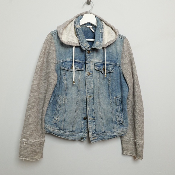Free People | Distressed Denim Jacket with Removable Hood Size large - Picture 1 of 7